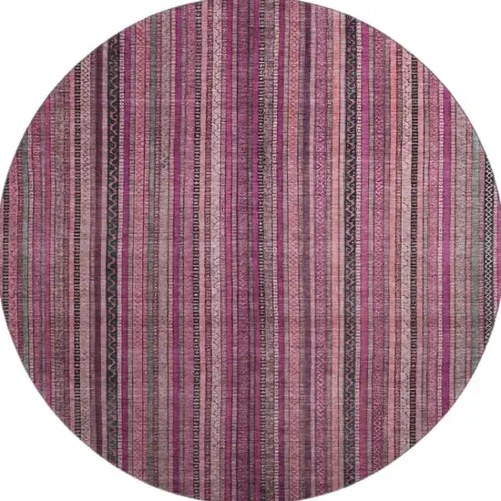 8' Pink Gray And Mauve Striped Washable Round Rug With UV Protection Photo 3