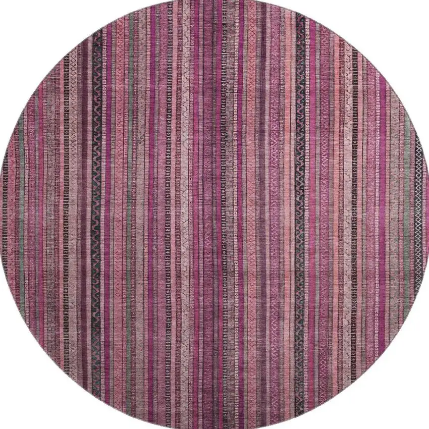 8' Pink Gray And Mauve Striped Washable Round Rug With UV Protection Photo 3