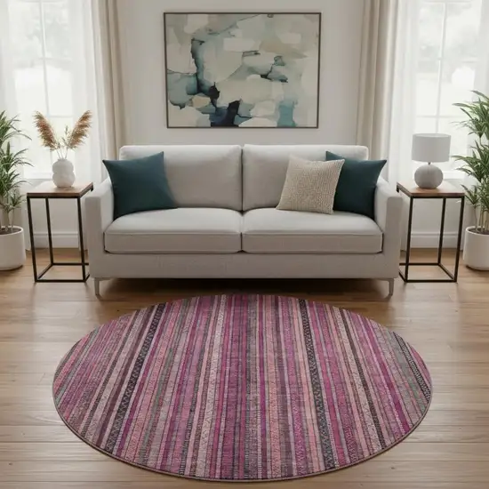 8' Pink Gray And Mauve Striped Washable Round Rug With UV Protection Photo 2