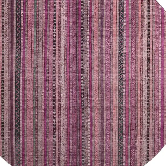 8' Pink Gray And Mauve Striped Washable Round Rug With UV Protection Photo 2