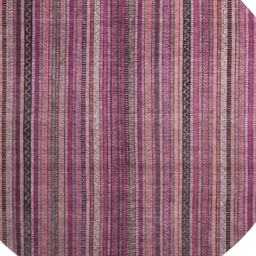 8' Pink Gray And Mauve Striped Washable Round Rug With UV Protection Photo 2