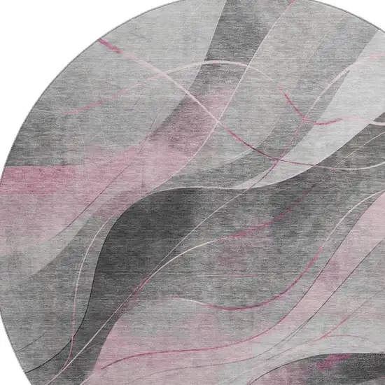 8' Pink Gray And Silver Abstract Washable Round Rug With UV Protection Photo 2