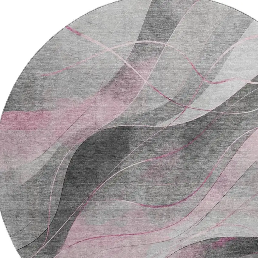 8' Pink Gray And Silver Abstract Washable Round Rug With UV Protection Photo 2