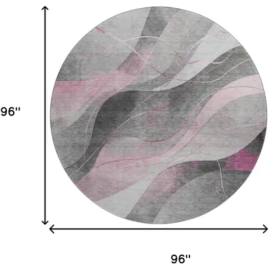 8' Pink Gray And Silver Abstract Washable Round Rug With UV Protection Photo 9