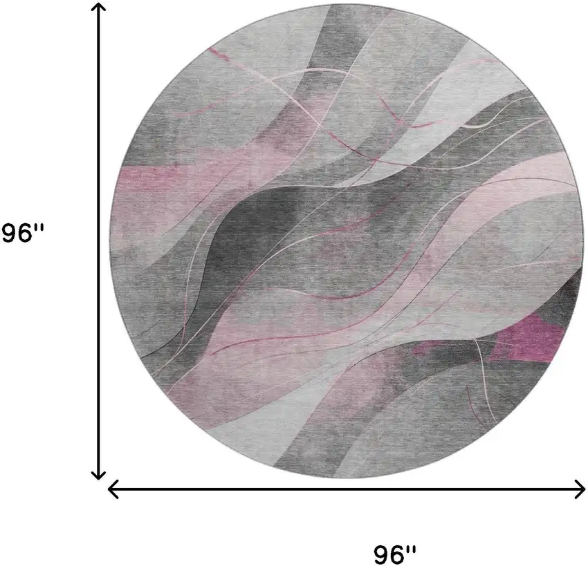 8' Pink Gray And Silver Abstract Washable Round Rug With UV Protection Photo 9