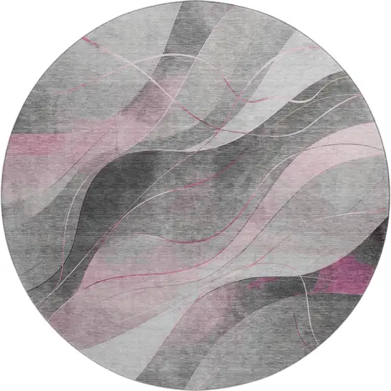 8' Pink Gray And Silver Abstract Washable Round Rug With UV Protection Photo 1