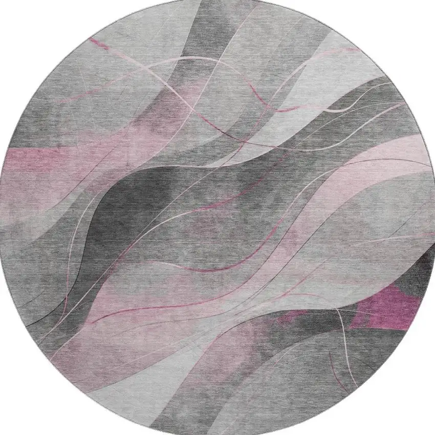 8' Pink Gray And Silver Abstract Washable Round Rug With UV Protection Photo 3