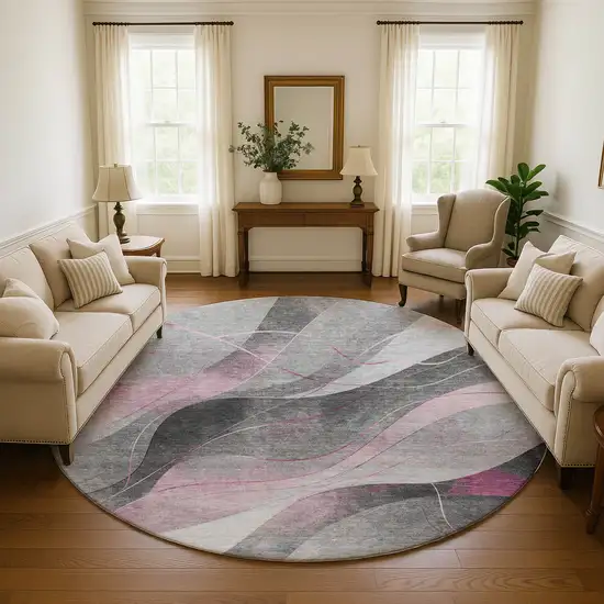 8' Pink Gray And Silver Abstract Washable Round Rug With UV Protection Photo 4