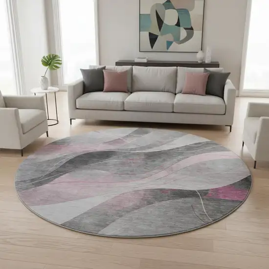 8' Pink Gray And Silver Abstract Washable Round Rug With UV Protection Photo 2