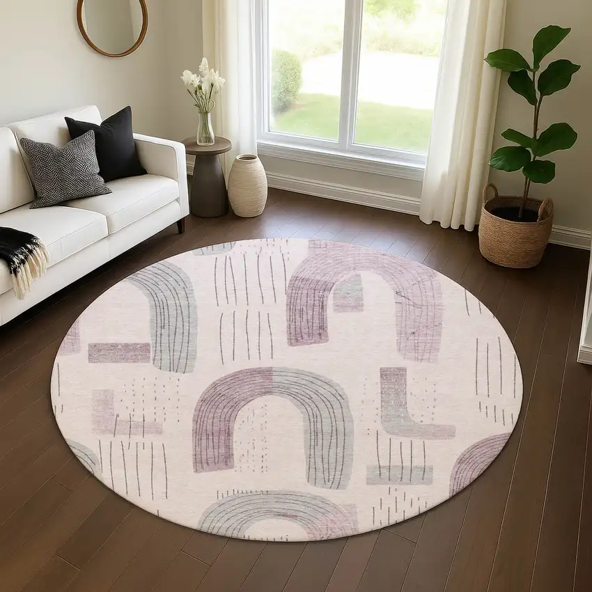 8' Pink Gray And Silver Geometric Washable Round Rug With UV Protection Photo 4