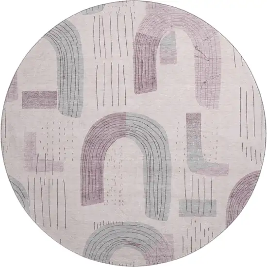8' Pink Gray And Silver Geometric Washable Round Rug With UV Protection Photo 1