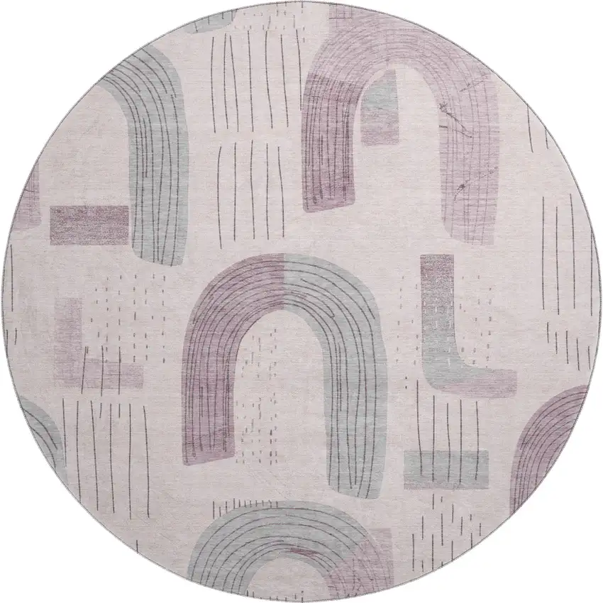 8' Pink Gray And Silver Geometric Washable Round Rug With UV Protection Photo 1