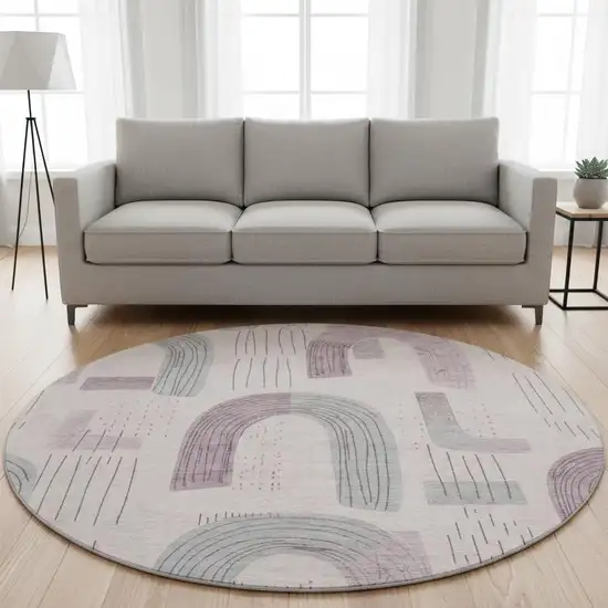 8' Pink Gray And Silver Geometric Washable Round Rug With UV Protection Photo 2