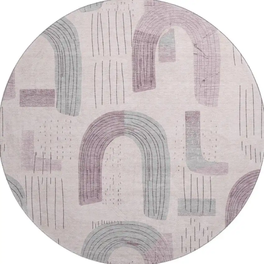 8' Pink Gray And Silver Geometric Washable Round Rug With UV Protection Photo 2