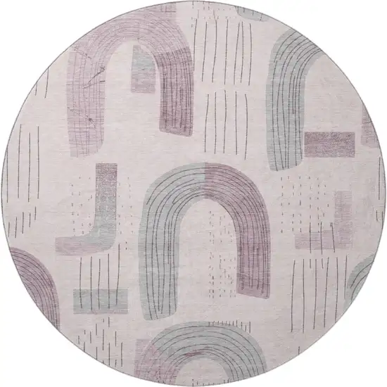 8' Pink Gray And Silver Geometric Washable Round Rug With UV Protection Photo 3