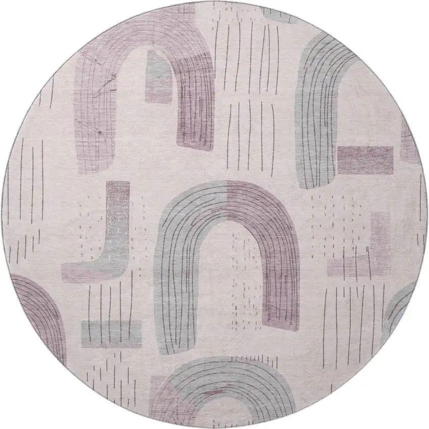 8' Pink Gray And Silver Geometric Washable Round Rug With UV Protection Photo 3