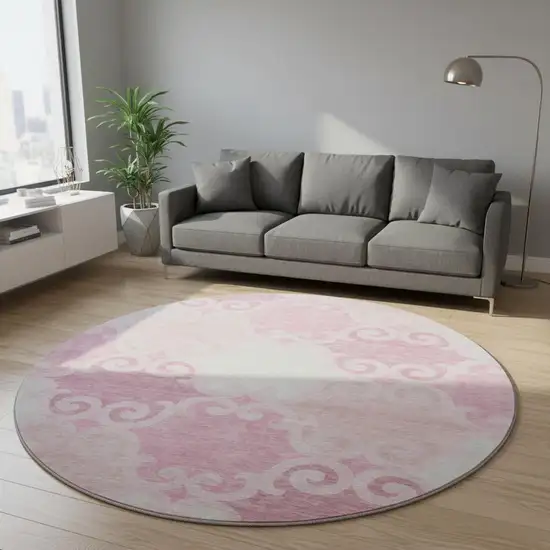 8' Pink Gray And Silver Trellis Washable Round Rug With UV Protection Photo 2