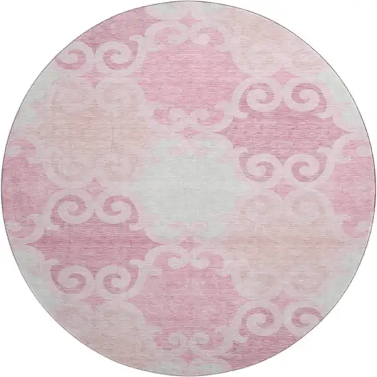 8' Pink Gray And Silver Trellis Washable Round Rug With UV Protection Photo 1