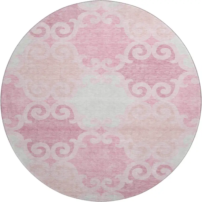 8' Pink Gray And Silver Trellis Washable Round Rug With UV Protection Photo 1