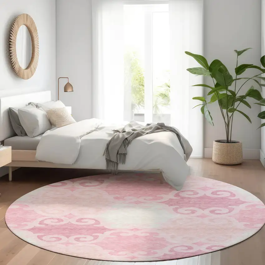 8' Pink Gray And Silver Trellis Washable Round Rug With UV Protection Photo 5