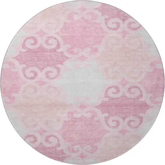 8' Pink Gray And Silver Trellis Washable Round Rug With UV Protection Photo 4