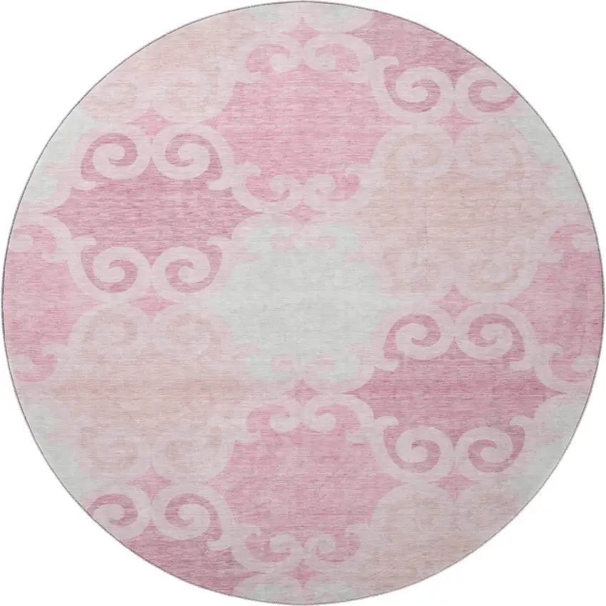 8' Pink Gray And Silver Trellis Washable Round Rug With UV Protection Photo 4