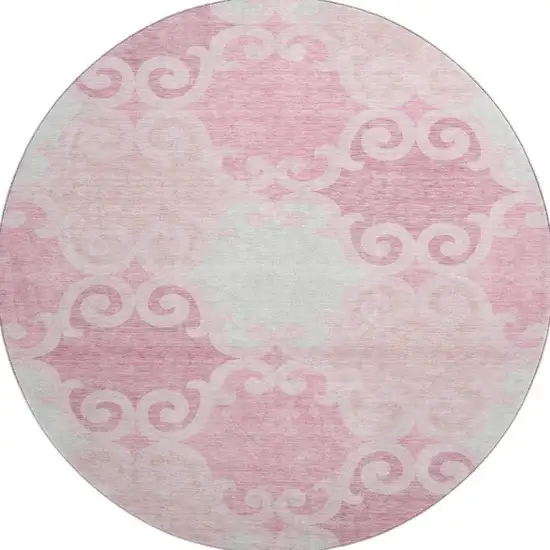 8' Pink Gray And Silver Trellis Washable Round Rug With UV Protection Photo 3