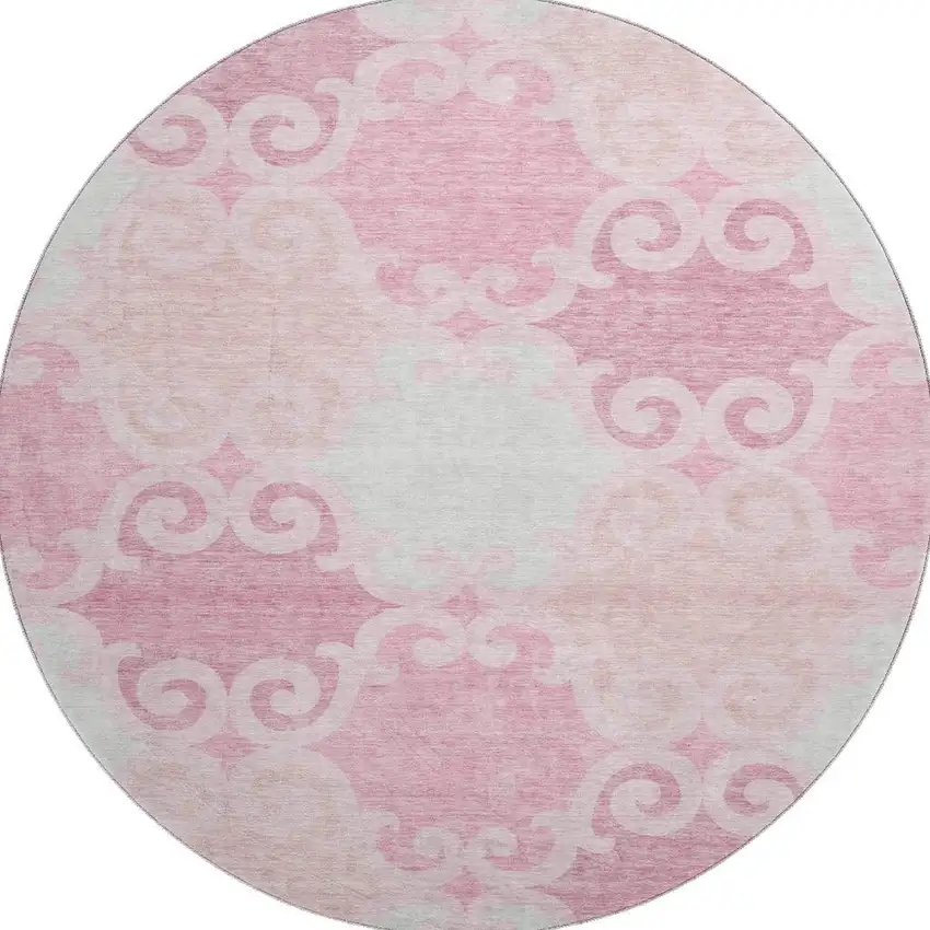 8' Pink Gray And Silver Trellis Washable Round Rug With UV Protection Photo 3