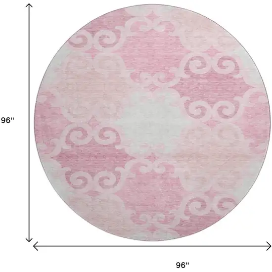 8' Pink Gray And Silver Trellis Washable Round Rug With UV Protection Photo 8
