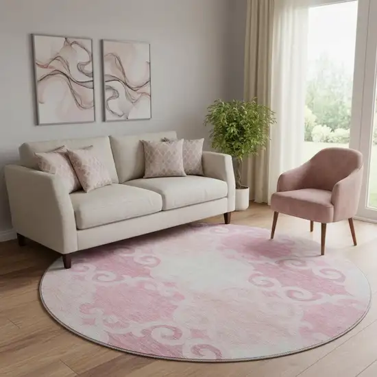 8' Pink Gray And Silver Trellis Washable Round Rug With UV Protection Photo 1