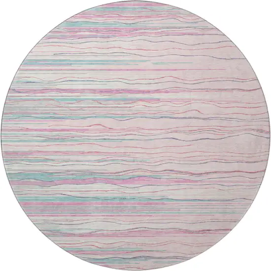 8' Pink Gray And Teal Striped Washable Round Rug With UV Protection Photo 3