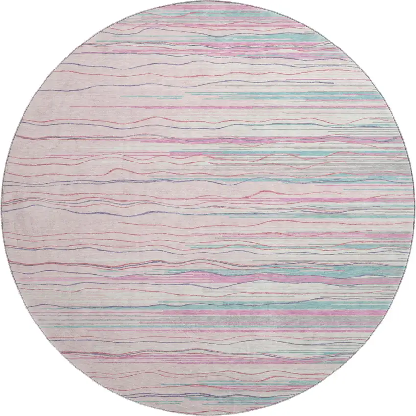 8' Pink Gray And Teal Striped Washable Round Rug With UV Protection Photo 1