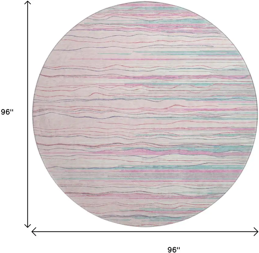 8' Pink Gray And Teal Striped Washable Round Rug With UV Protection Photo 9