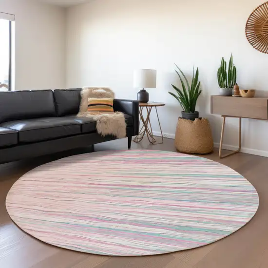 8' Pink Gray And Teal Striped Washable Round Rug With UV Protection Photo 4