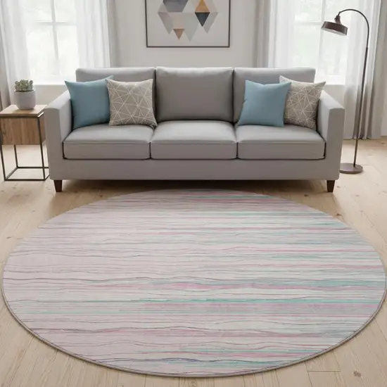 8' Pink Gray And Teal Striped Washable Round Rug With UV Protection Photo 2