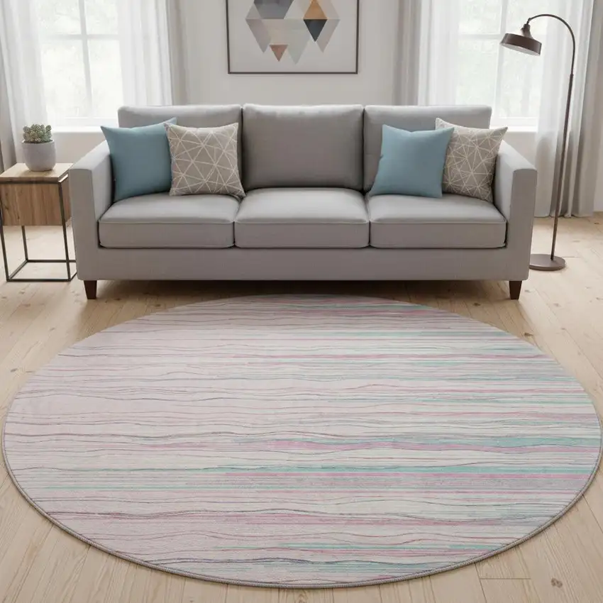 8' Pink Gray And Teal Striped Washable Round Rug With UV Protection Photo 2