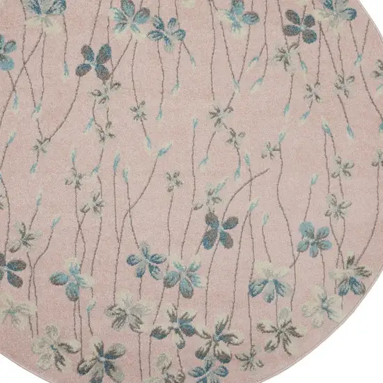 5' Pink Gray and Blue Botanical Leaves Round Rug Photo 6