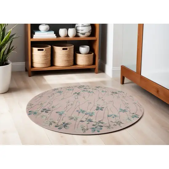 5' Pink Gray and Blue Botanical Leaves Round Rug Photo 3