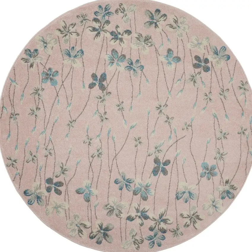 5' Pink Gray and Blue Botanical Leaves Round Rug Photo 2
