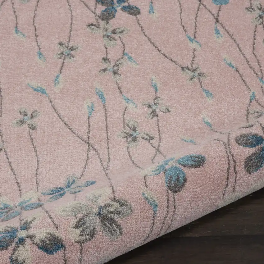 5' Pink Gray and Blue Botanical Leaves Round Rug Photo 8