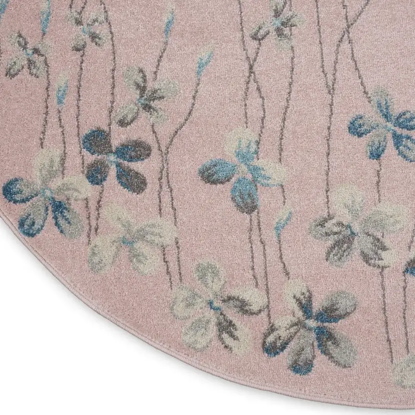 5' Pink Gray and Blue Botanical Leaves Round Rug Photo 9