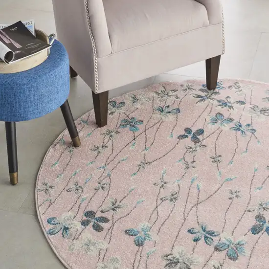 5' Pink Gray and Blue Botanical Leaves Round Rug Photo 5
