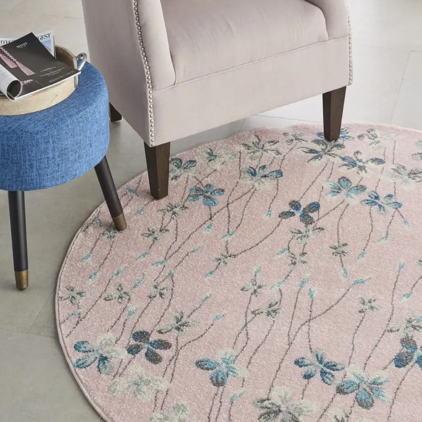 5' Pink Gray and Blue Botanical Leaves Round Rug Photo 5