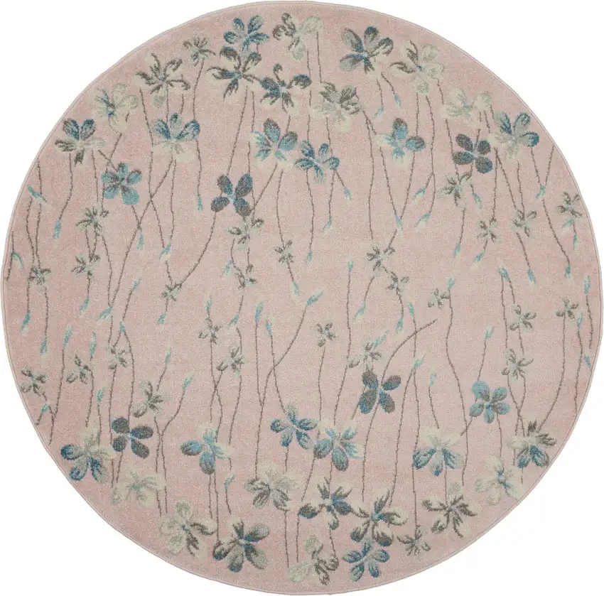 5' Pink Gray and Blue Botanical Leaves Round Rug Photo 2