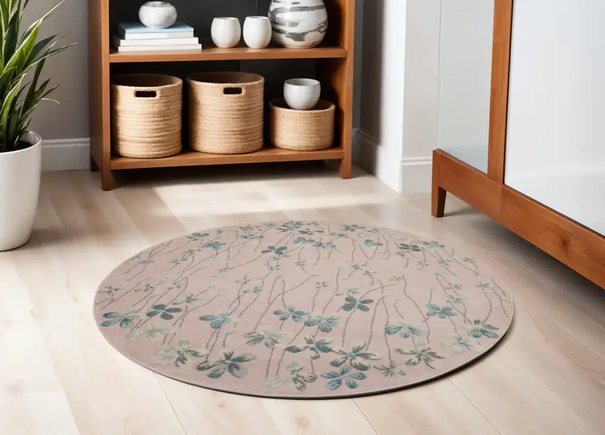 5' Pink Gray and Blue Botanical Leaves Round Rug Photo 1