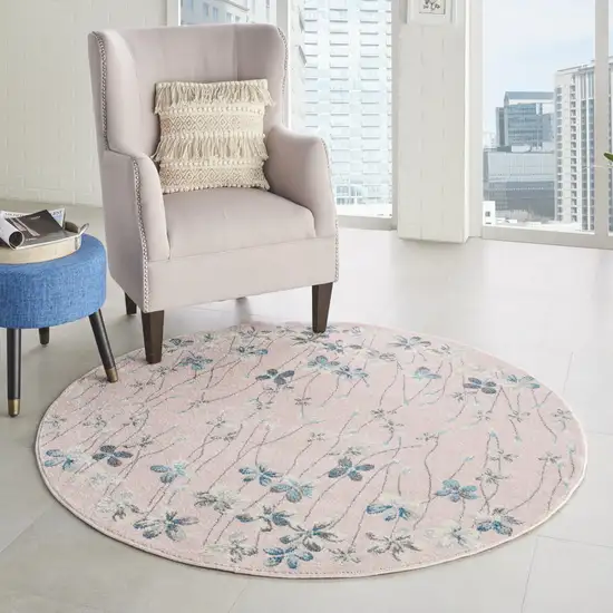 5' Pink Gray and Blue Botanical Leaves Round Rug Photo 6