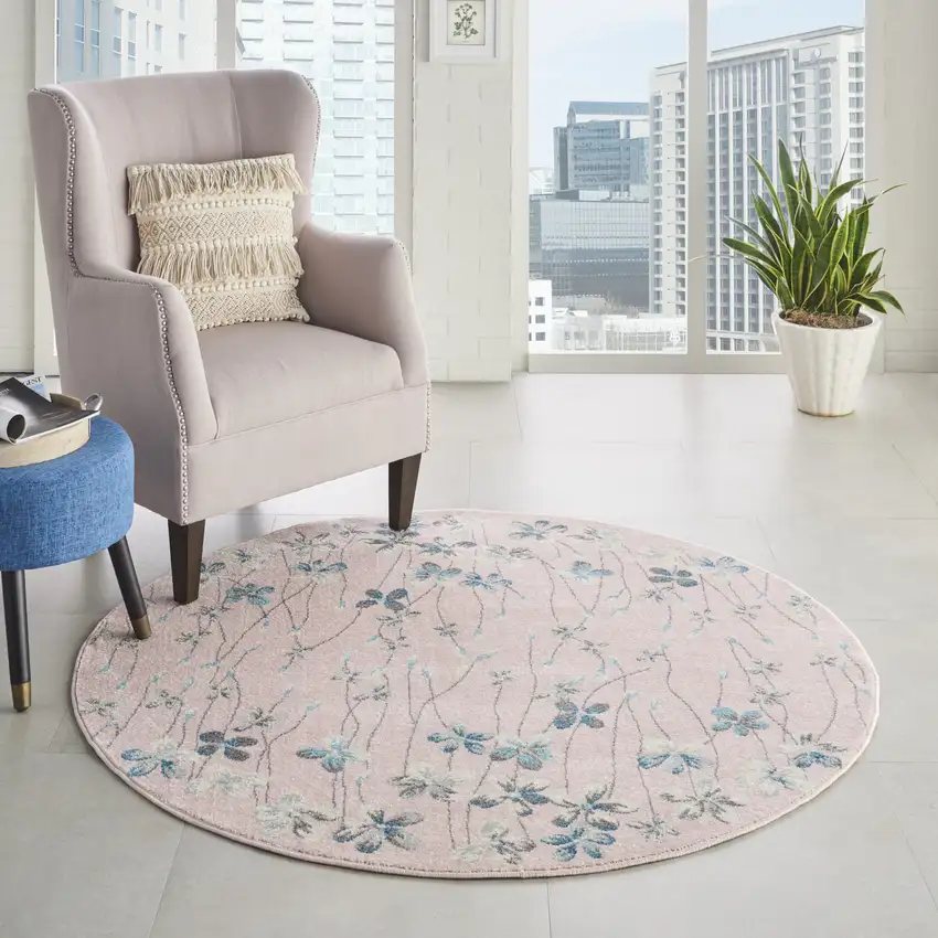 5' Pink Gray and Blue Botanical Leaves Round Rug Photo 9