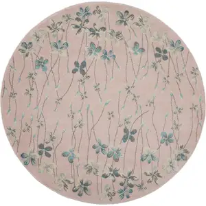 Photo of 5' Pink Gray and Blue Botanical Leaves Round Rug