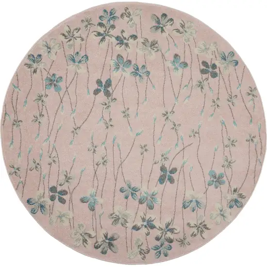 5' Pink Gray and Blue Botanical Leaves Round Rug Photo 1