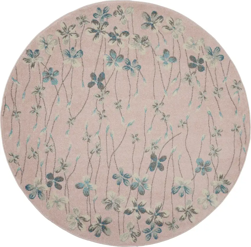 5' Pink Gray and Blue Botanical Leaves Round Rug Photo 1